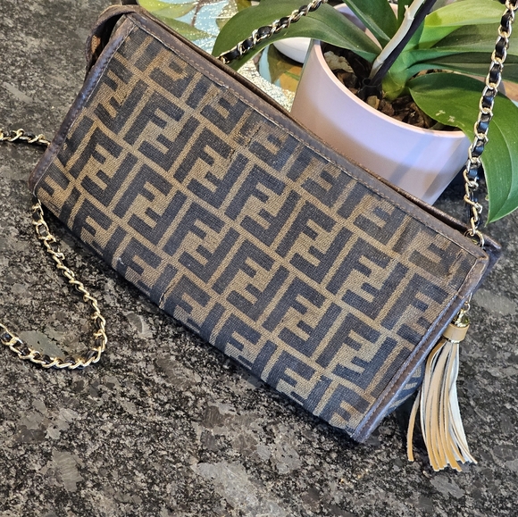 Fendi FF Zucca Canvas Baguette Clutch w Crossbody Chain, Insert, & Charms Added - Picture 6 of 14